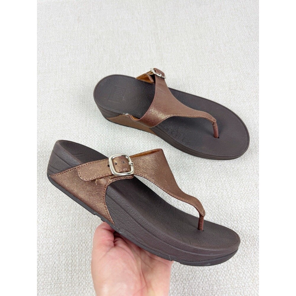 FitFlop Skinny Deluxe Women's Bronze Leather Thong T Strap Wedge Sandals